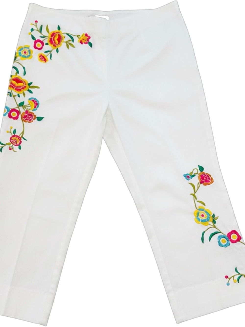 Melissa Paige white capris pants with colorful floral embroidery Sz 6p